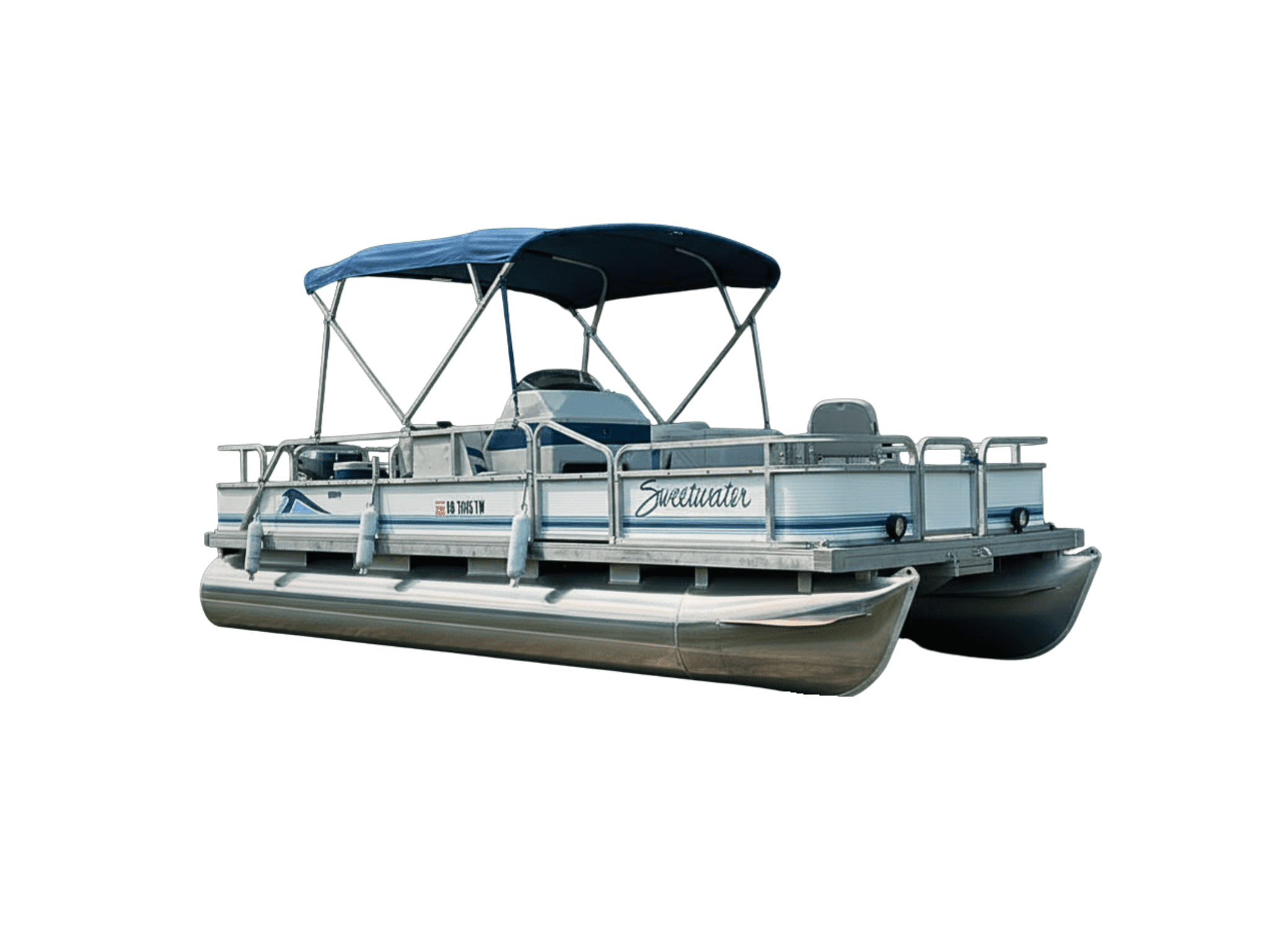 A pontoon boat made for fishing, capable of fitting up to four people. The boat has a blue bimini top and a white hull.